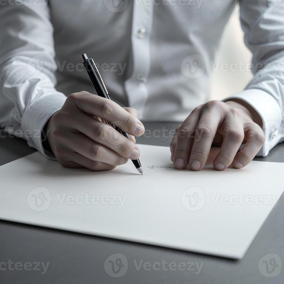 Person writes notes on blank paper with a pen in a well-lit indoor space during the day photo