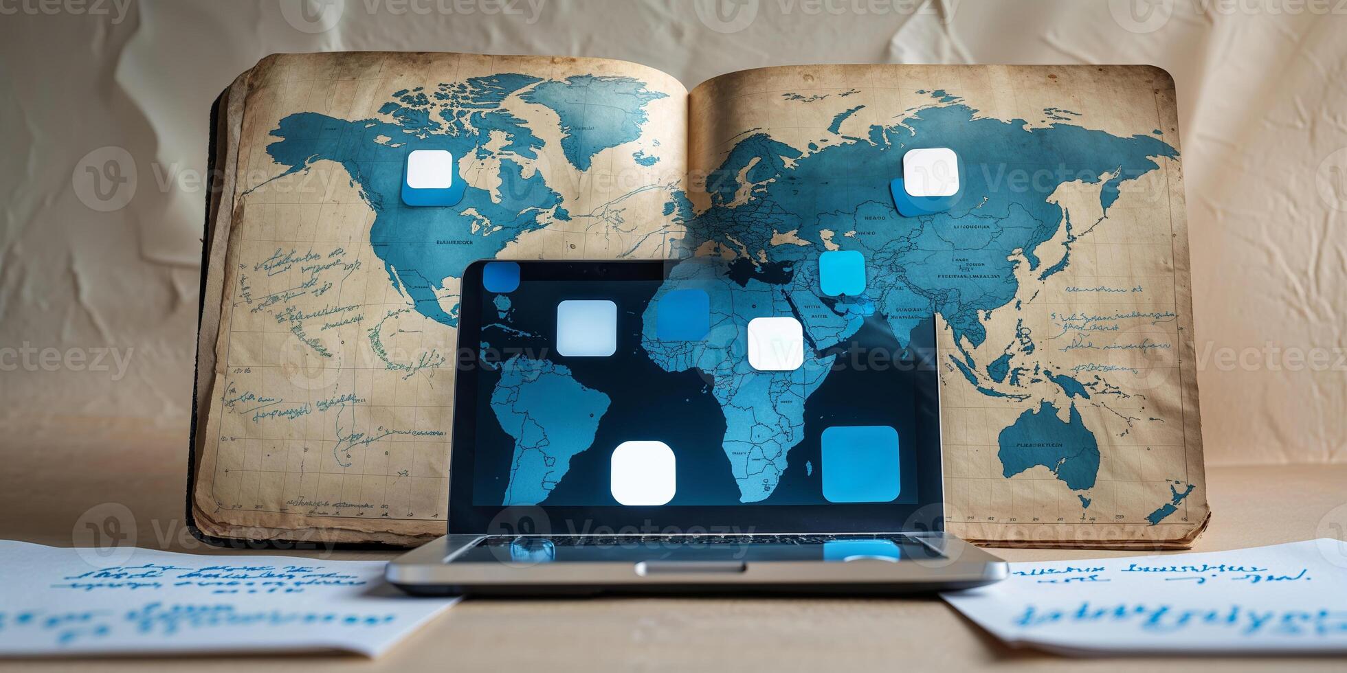 Global exploration concept with a laptop, world map, and notes showcasing modern research and travel planning photo