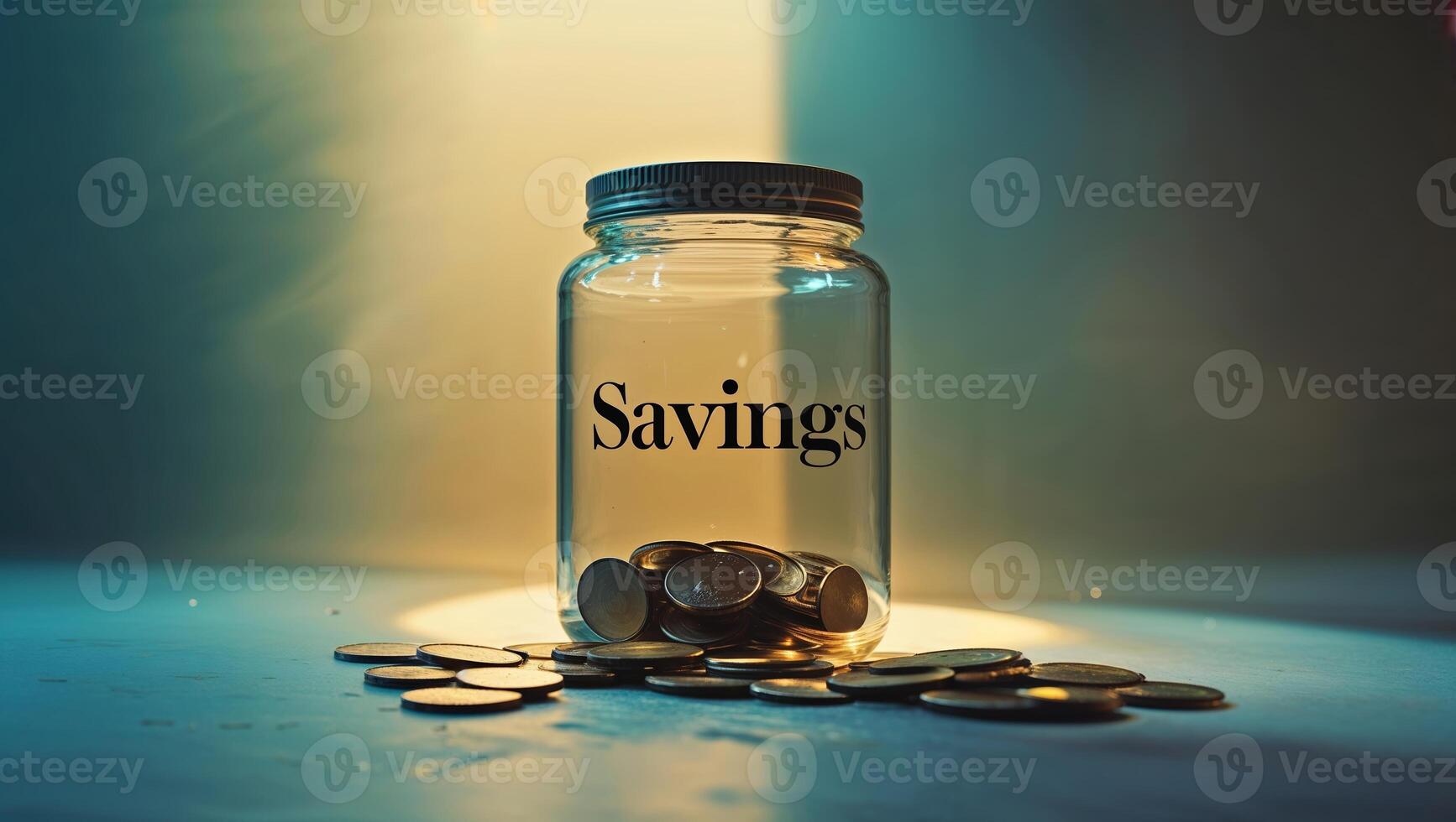 Savings jar filled with coins illuminated by soft light in a dim setting during evening hours photo