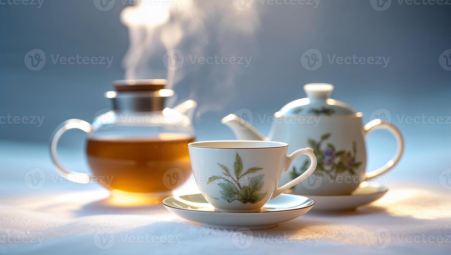 Warm tea brews in elegant teapots while steam rises in a cozy setting during a quiet afternoon photo