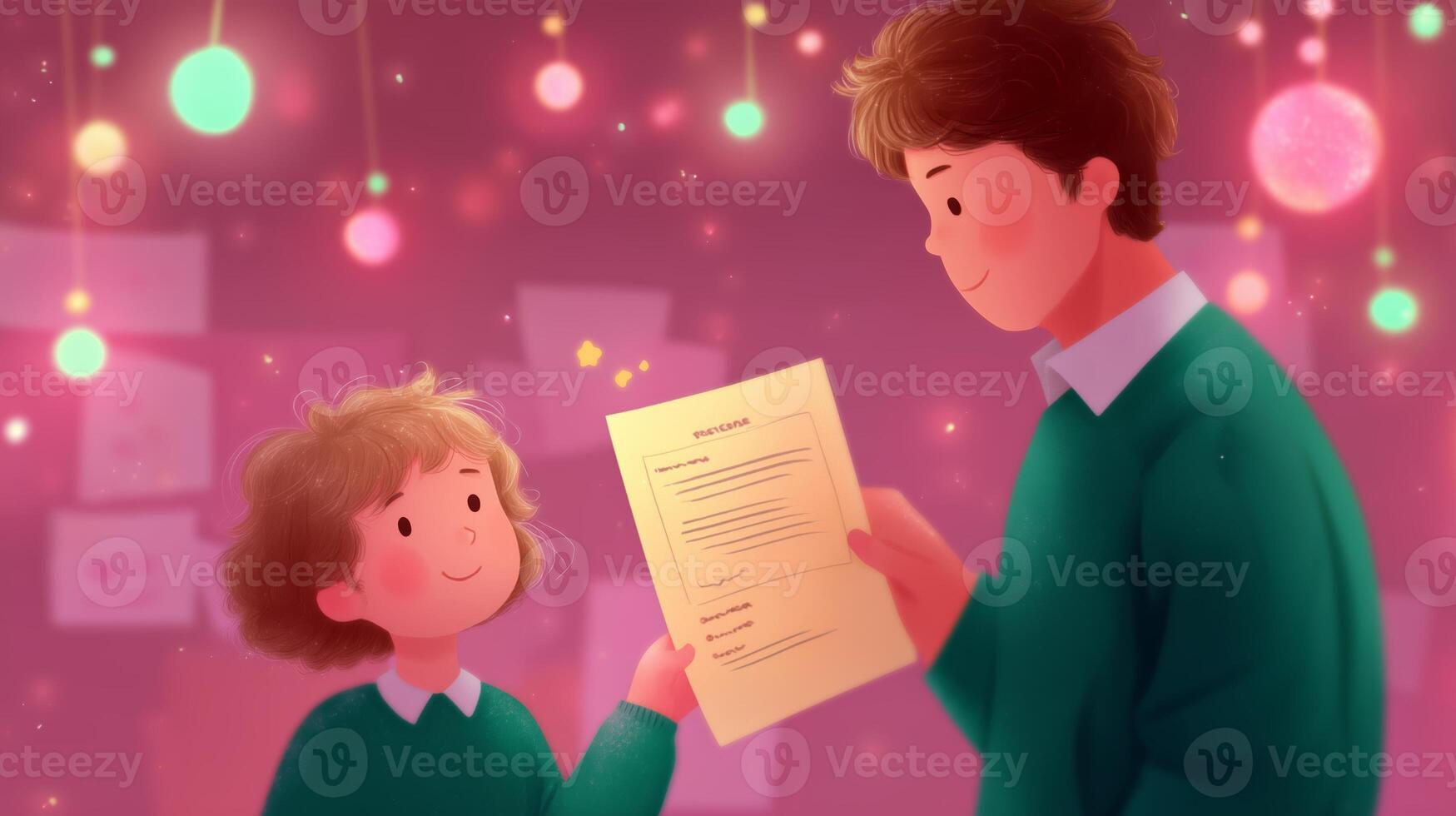 Child shares excitement with adult about a completed project during a festive event in a warmly lit environment photo