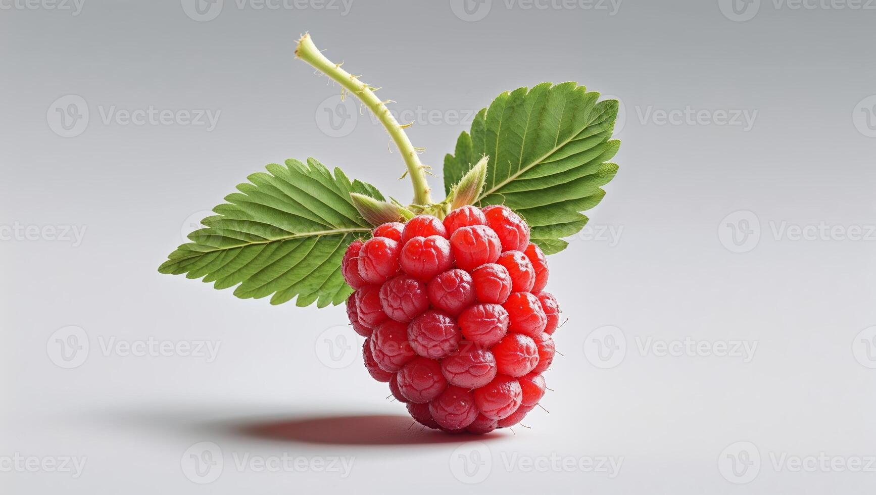 Fresh raspberry with vibrant green leaves resting on a smooth surface in natural light photo