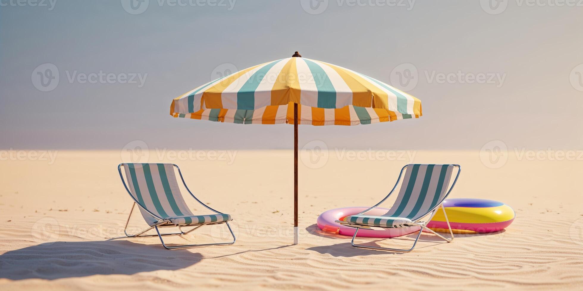 Relaxing beach setting with lounge chairs, umbrella, and pool floats under a clear sky photo