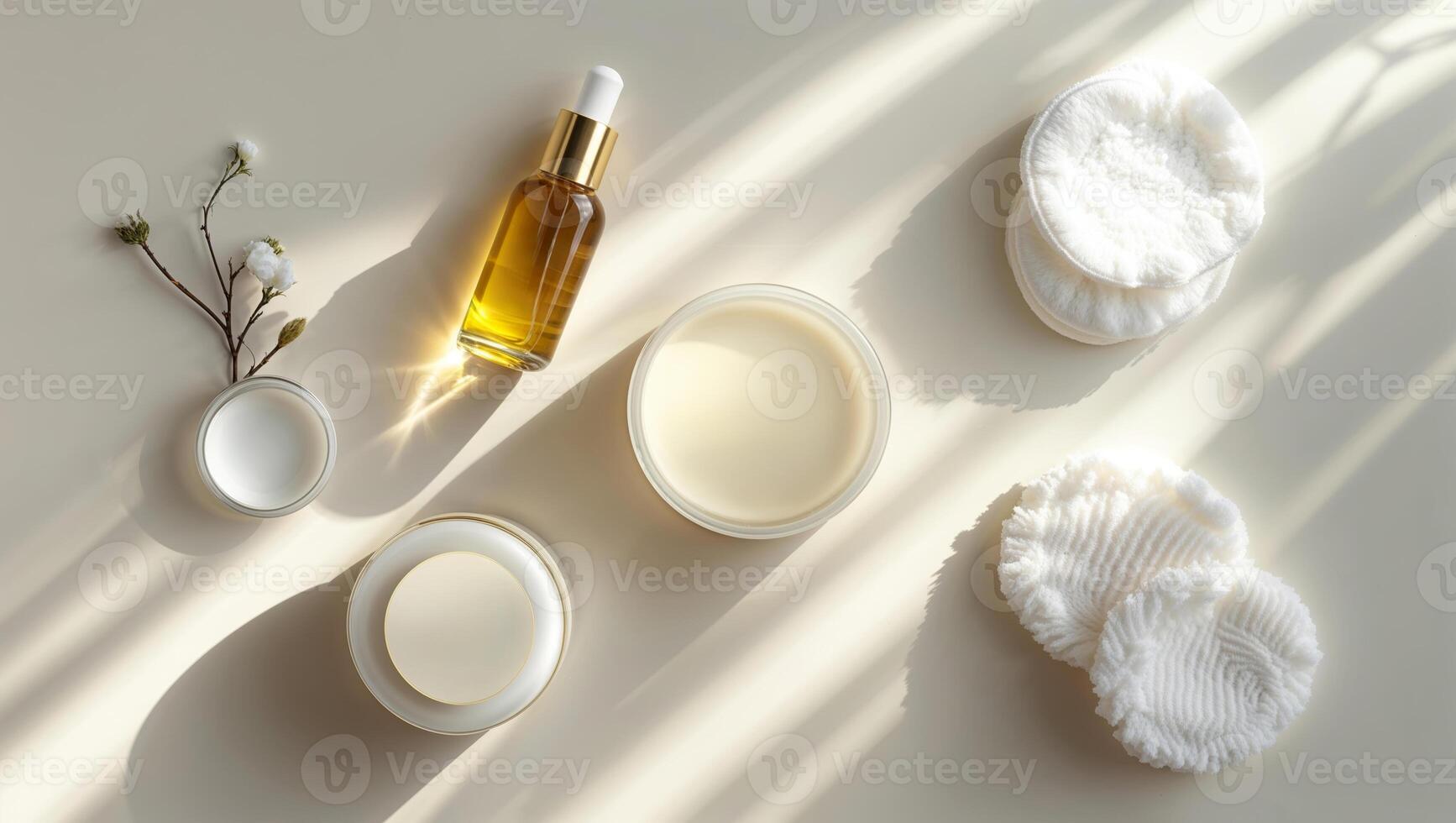 Elegant skincare products arranged with natural elements in a soft, sunlit setting photo