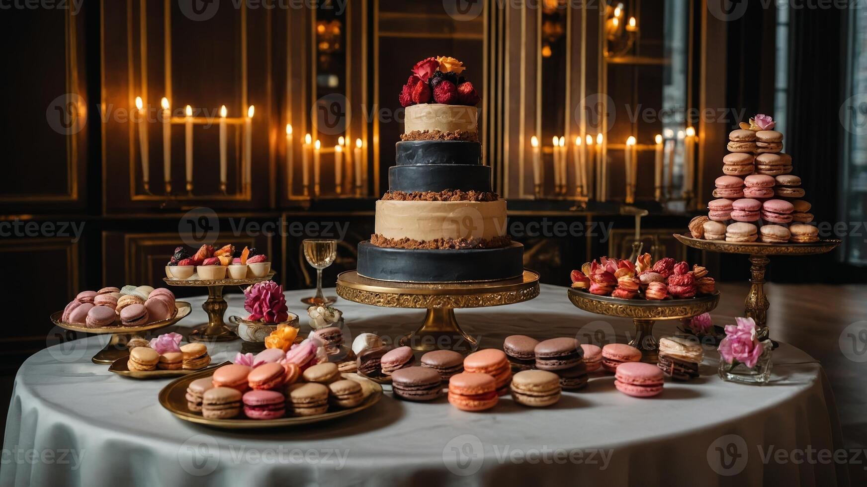 Elegant dessert table featuring a tall cake and assorted macarons at an upscale indoor event photo