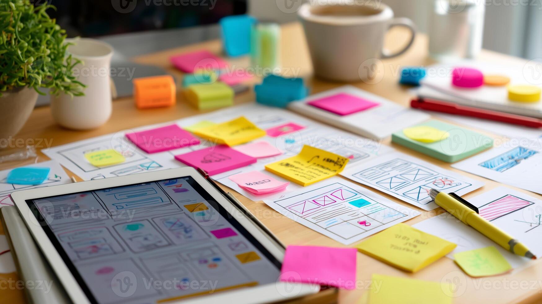Desk workspace filled with sticky notes and design drafts during a creative brainstorming session in the afternoon photo