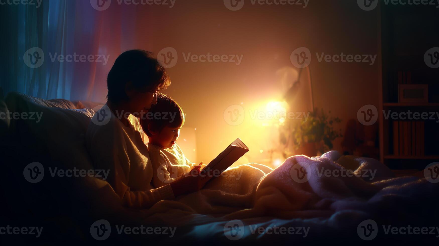 Cozy evening storytelling between a parent and child in a softly lit room photo