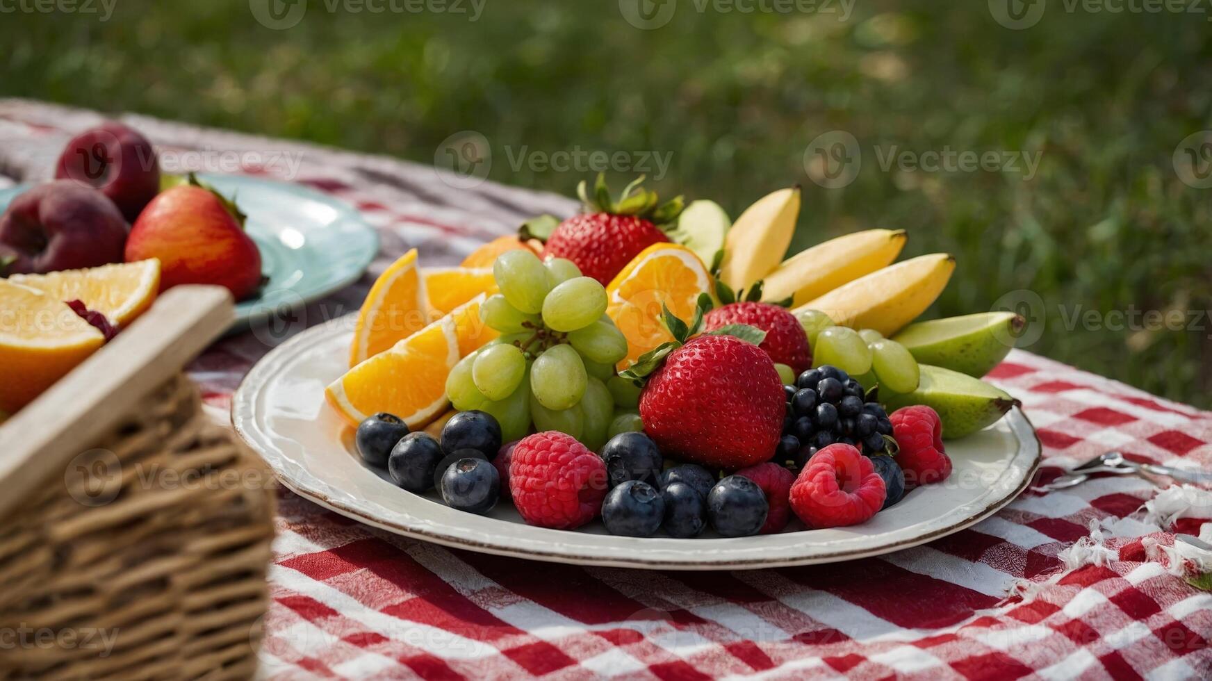 Fresh fruit platter enjoyed at a sunny picnic gathering in a vibrant green park setting photo