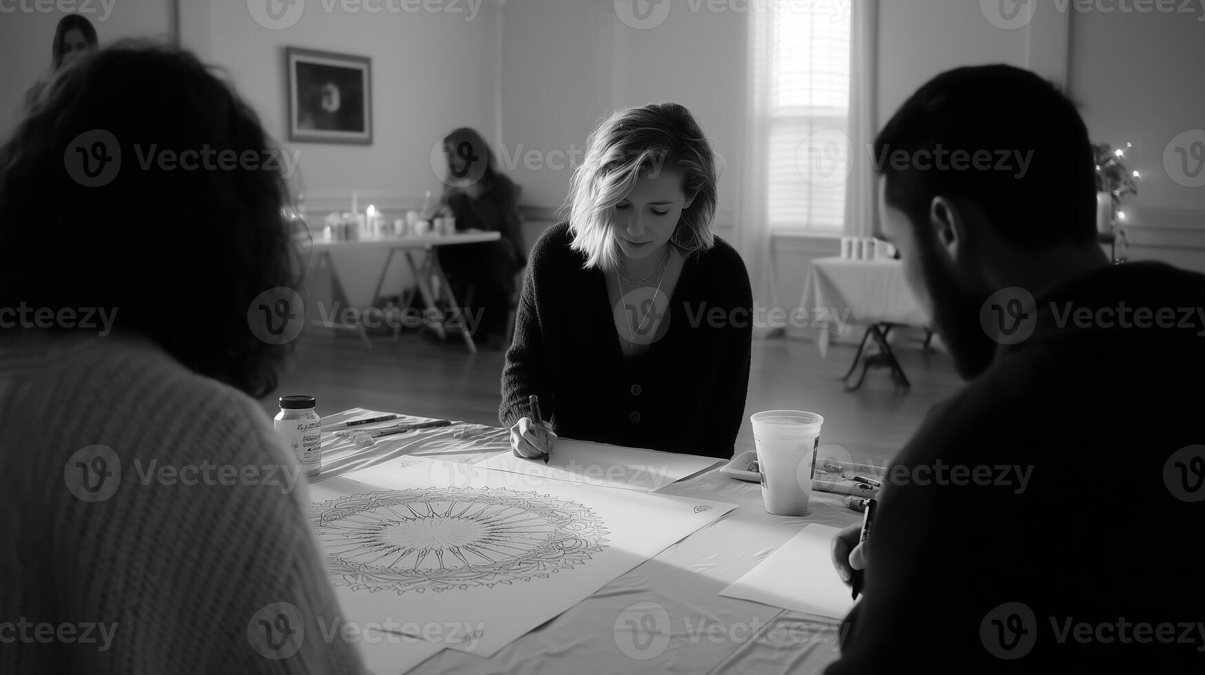 Art workshop participants engage in creative drawings during a serene indoor session in a well-lit studio photo