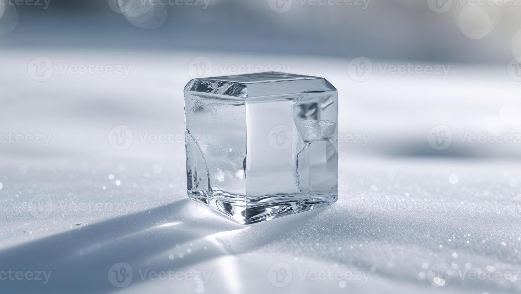 Clear ice cube resting on white snow under bright sunlight creates a contrasting and tranquil winter scene photo