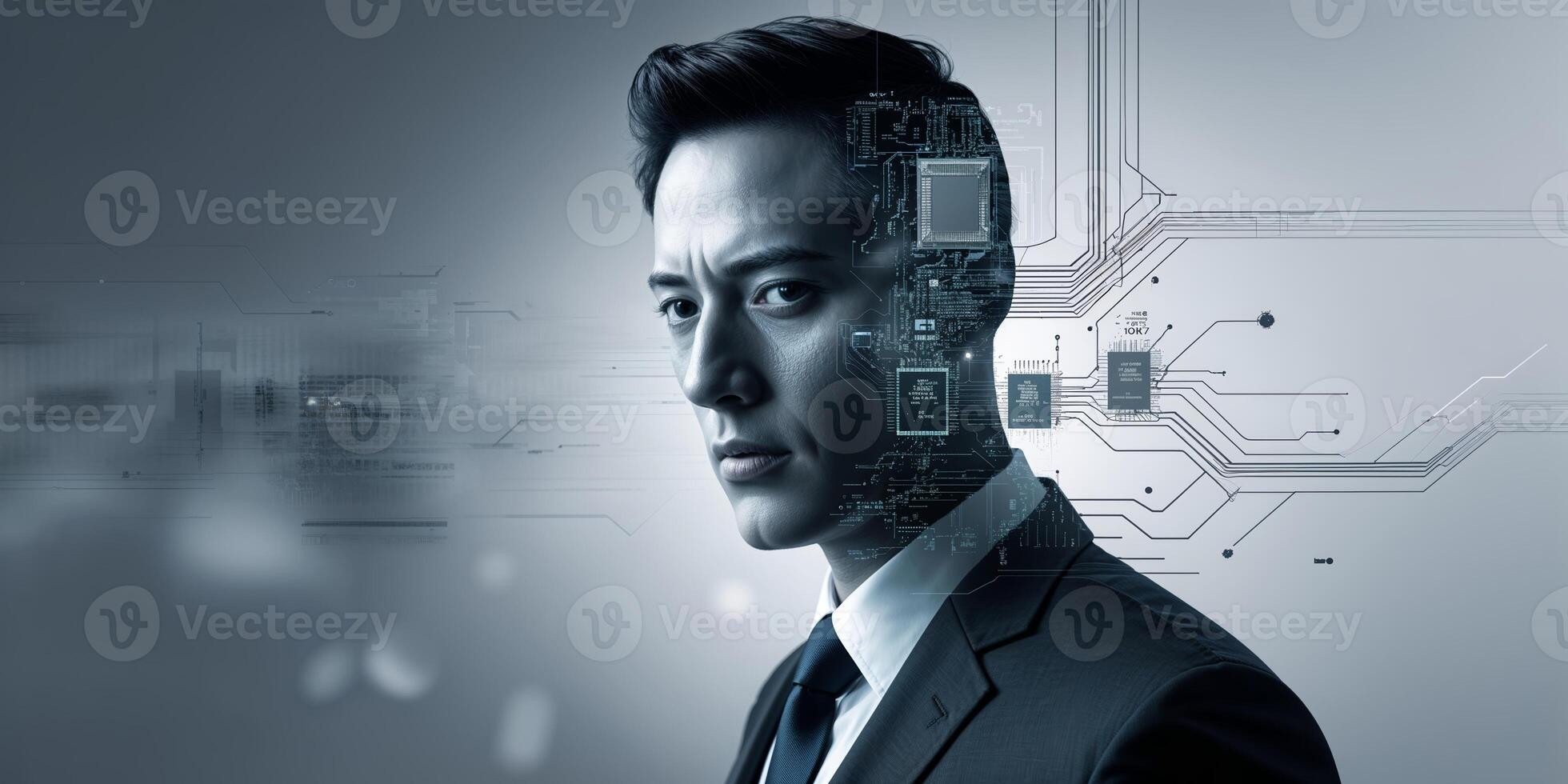 Innovative blend of technology and human emotion represented in a striking portrait of a man in a suit during a futuristic setting photo