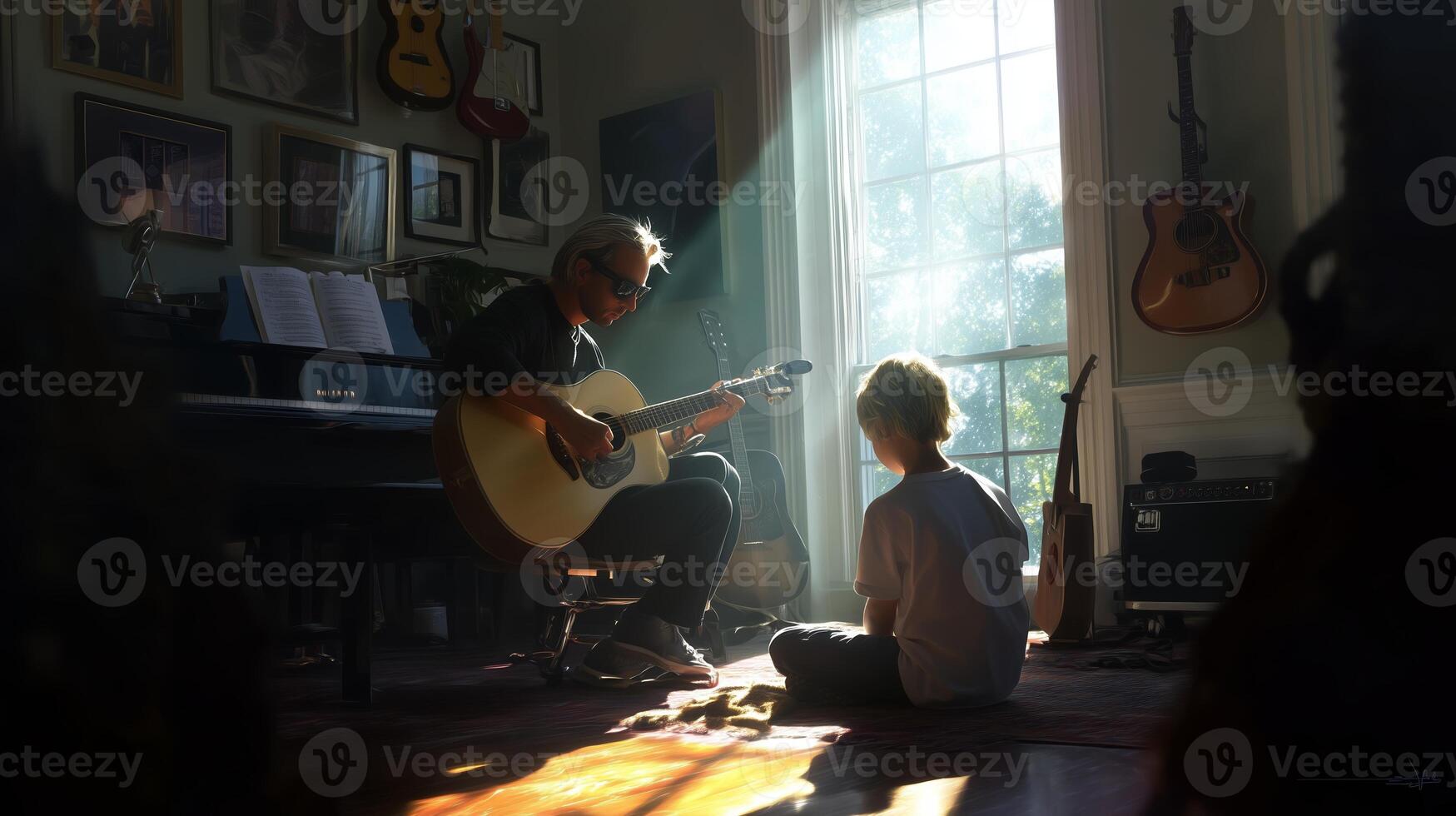 Music lesson in a sunlit room with a child and an instructor playing guitar together photo