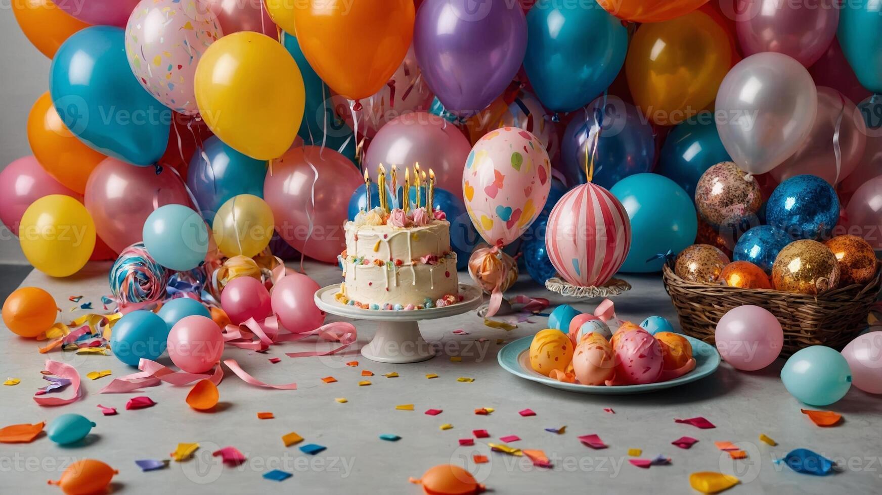 Colorful birthday celebration with balloons, cake, and decorations in a festive setting photo