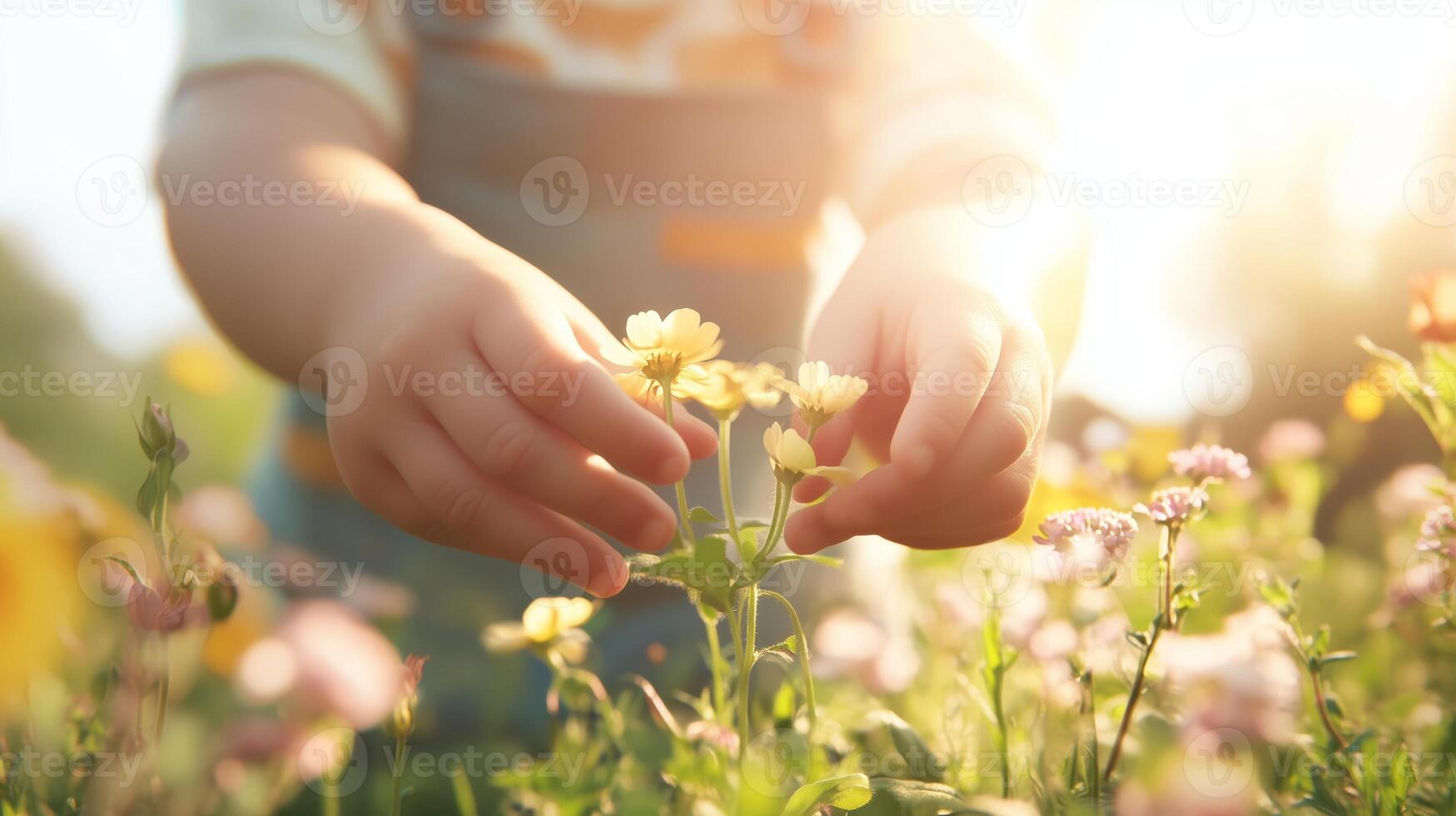 Child enjoying springtime in a colorful flower field while picking blossoms during golden hour photo