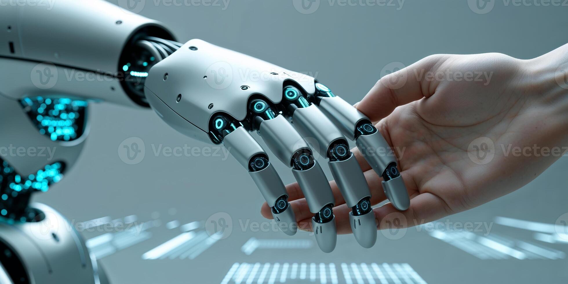 Robot hand reaches out for human touch in a futuristic tech environment photo