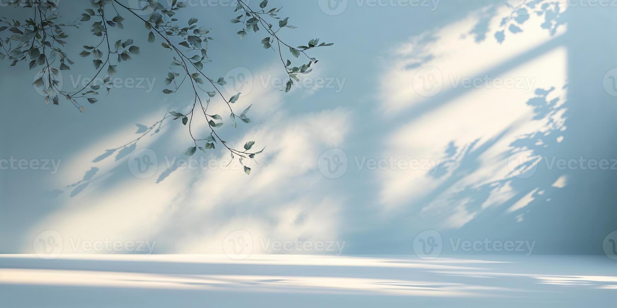 Sunlight filtering through leaves casts delicate shadows on a serene wall creating a calming atmosphere in a quiet space photo