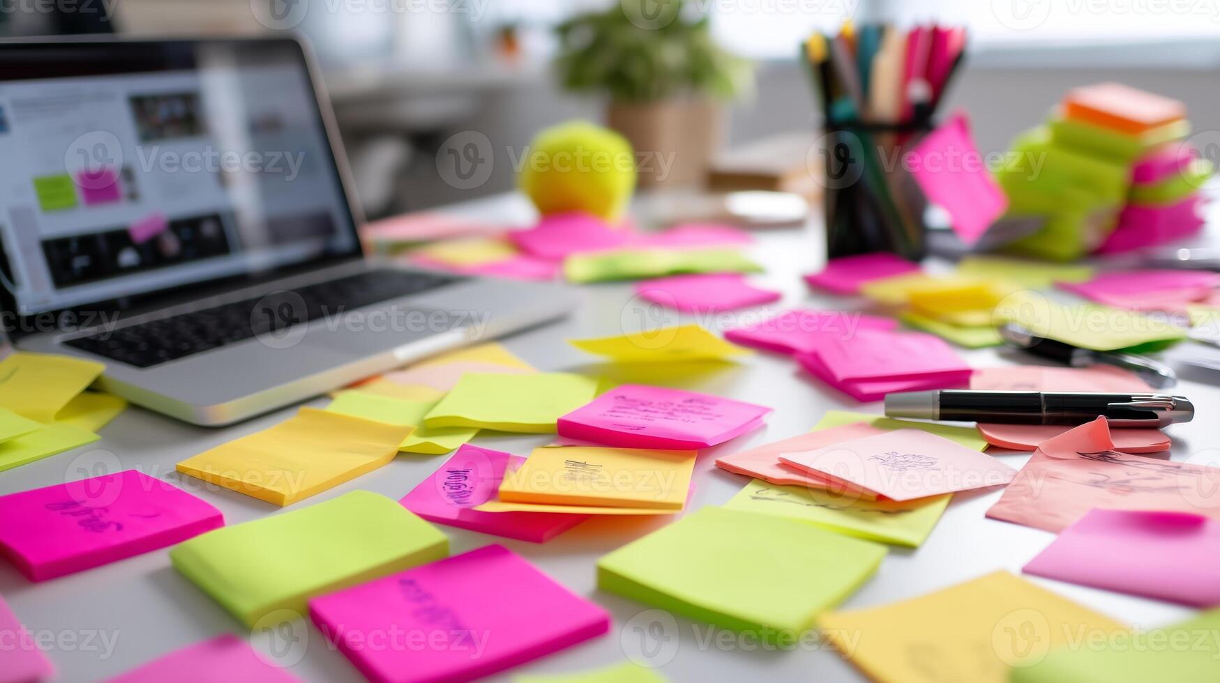 Creative workspace filled with colorful sticky notes and a laptop during a brainstorming session photo