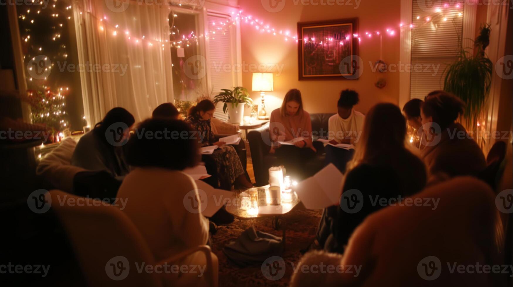 Group gathers in cozy living room for intimate storytelling session during a cozy evening photo
