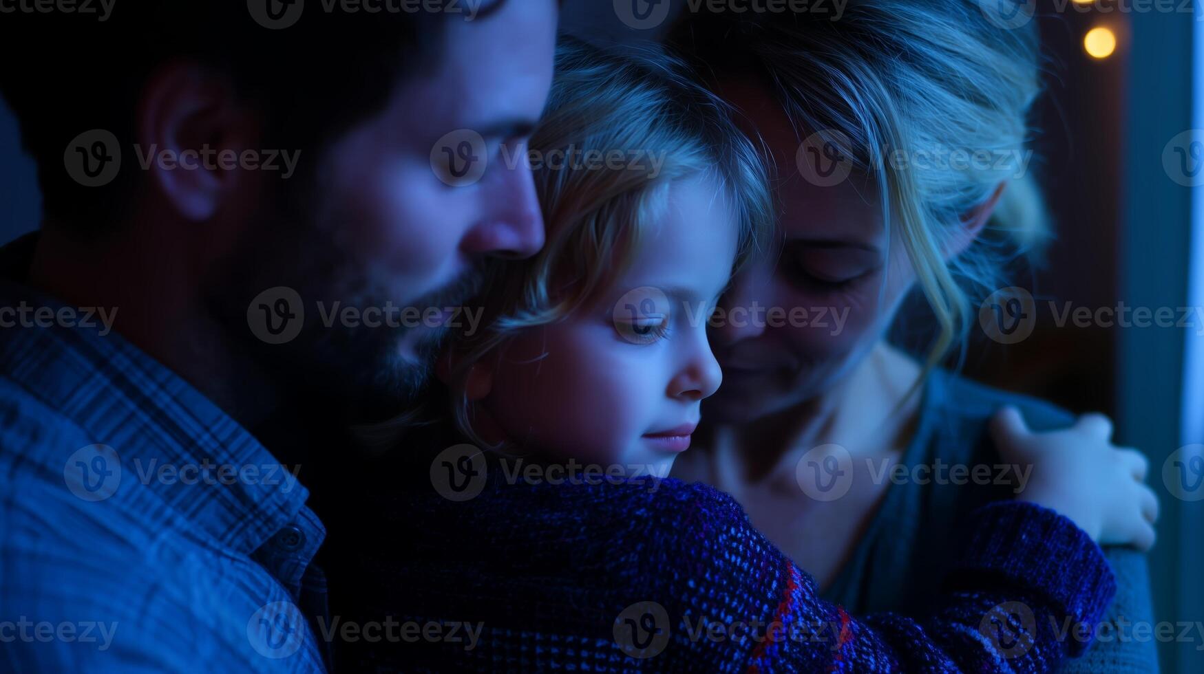 Family embracing each other in a warm moment indoors during evening hours photo
