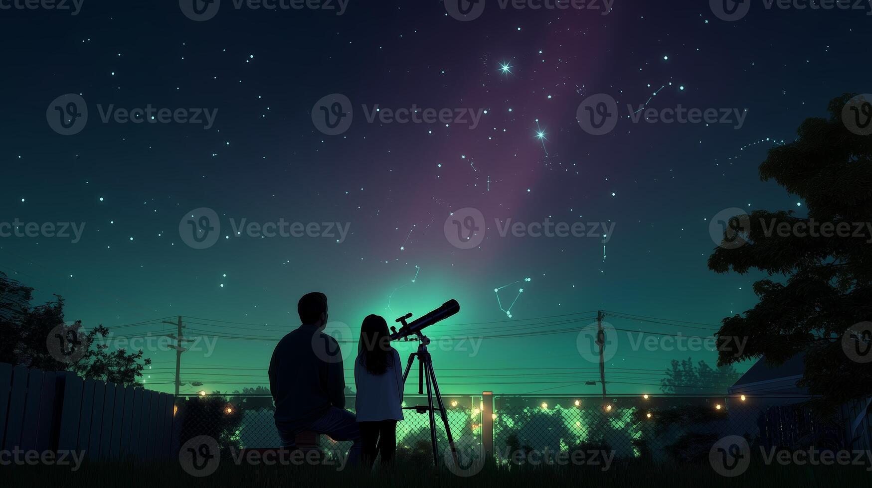 Stargazing activity with telescope in backyard during nighttime surrounded by beautiful constellations photo