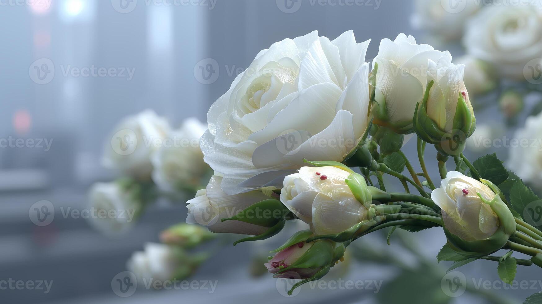 White roses in soft focus with delicate buds against a misty background in a serene, natural setting photo