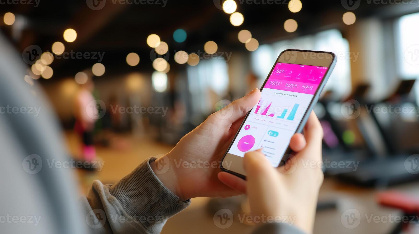 Person checking fitness app statistics in a modern gym during a workout session photo