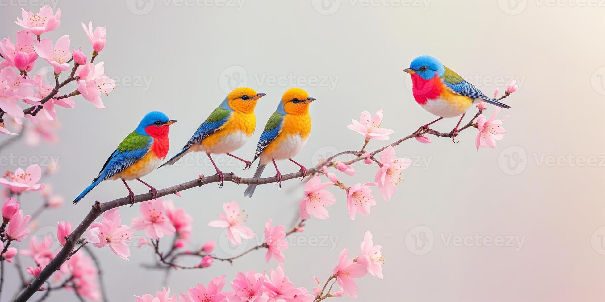 Colorful birds perched on a floral branch in a serene spring landscape with soft sunlight photo