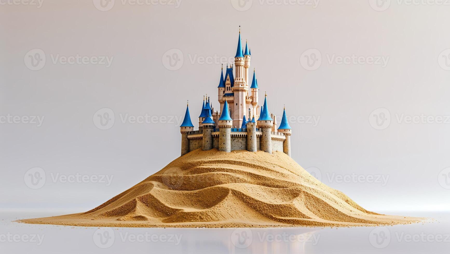 Detailed sand castle with blue spires rising from golden sands creates a fantasy landscape at the beach during sunset photo