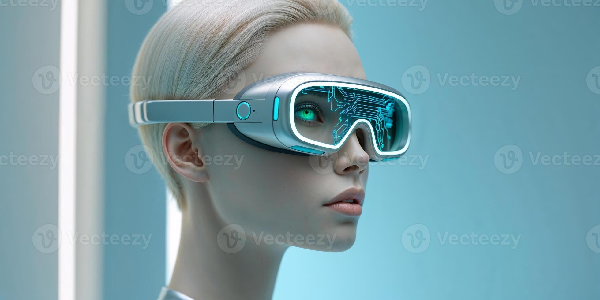 Futuristic robotic figure wearing advanced holographic goggles in a high-tech environment photo