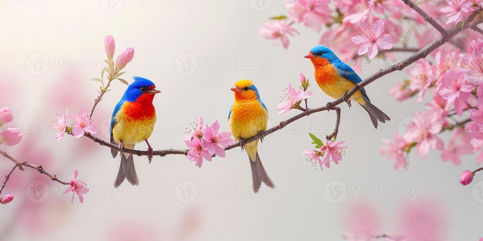 Colorful birds perched on a blooming cherry blossom branch during springtime in a serene garden setting photo