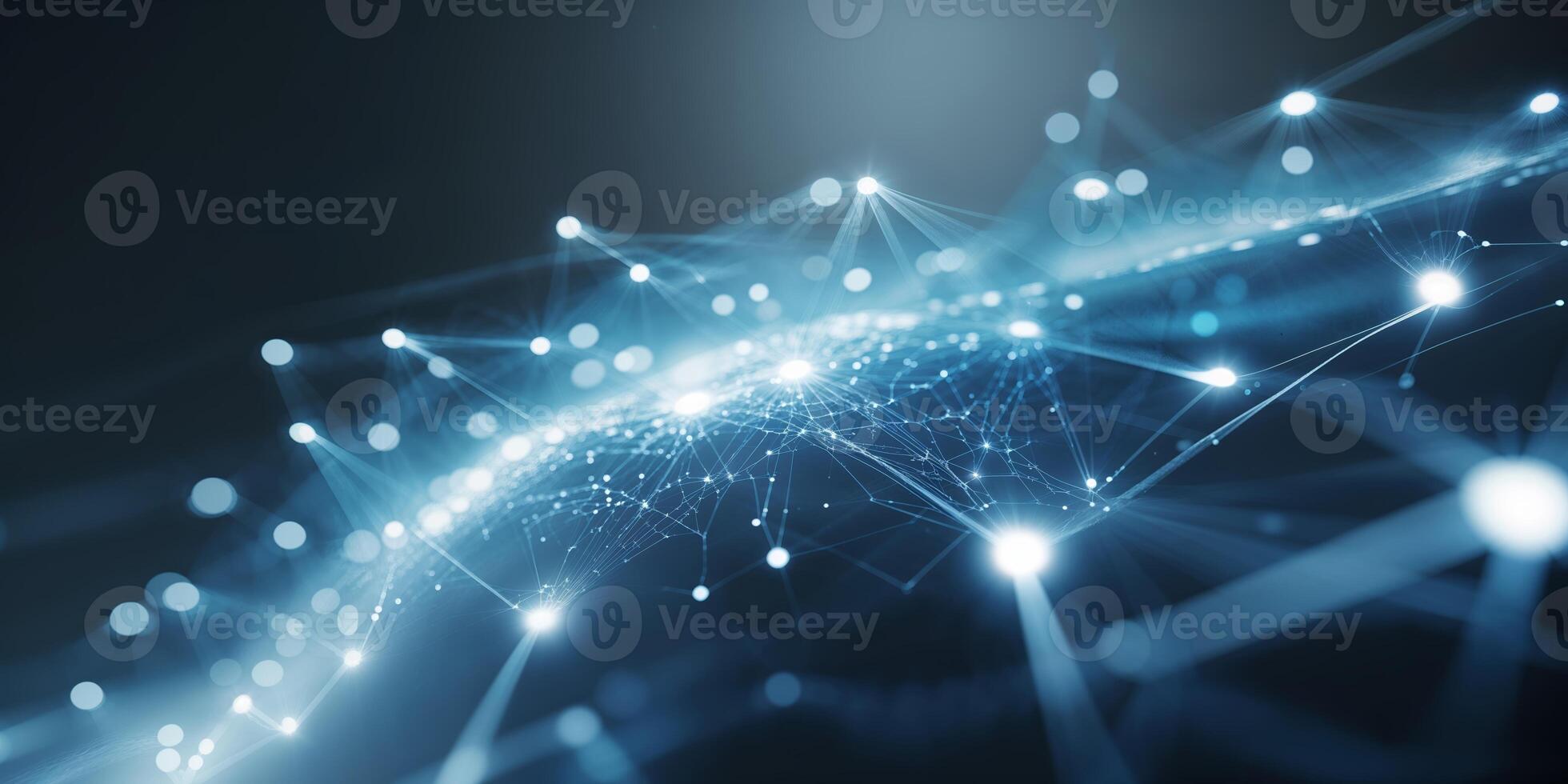 Modern digital network connecting various points of light across a dark background photo