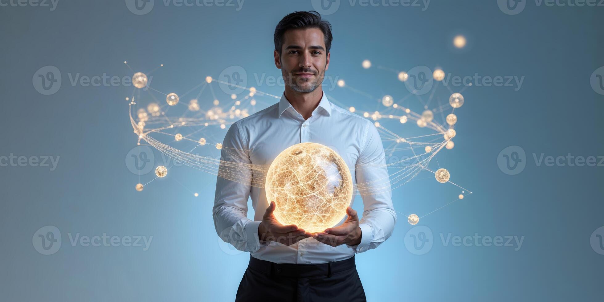 Man holding glowing sphere with digital connections in a futuristic setting during indoor lighting photo