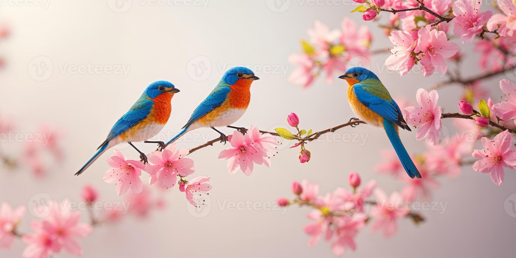 Three Colorful Birds Perched on a Flowering Cherry Blossom Tree Branch in Springtime photo