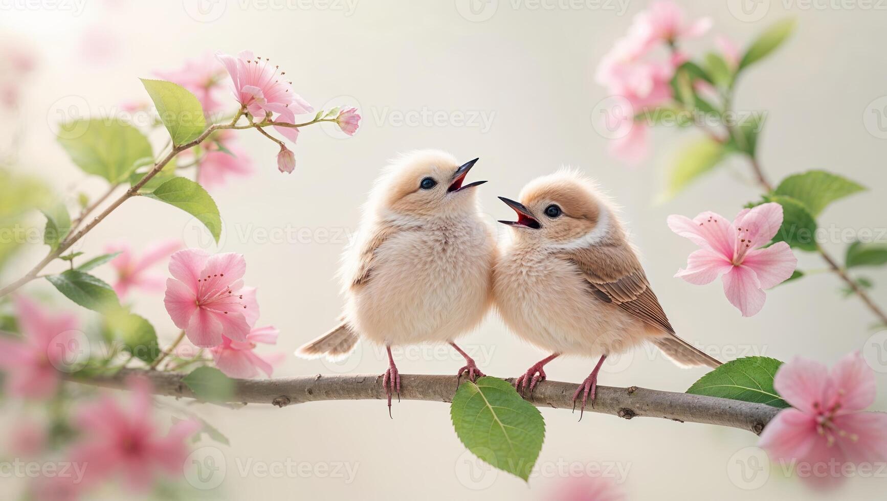 Two fluffy chicks chirping together among blooming cherry blossoms in a serene spring garden photo