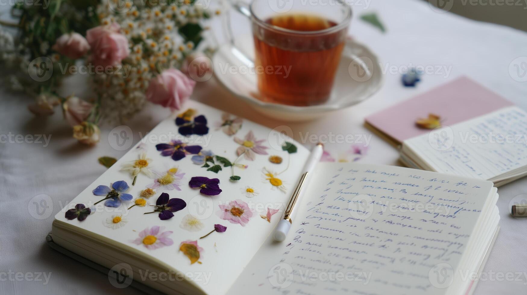 Relaxing afternoon with a journal, herbal tea, and dried flowers on a white tablecloth photo