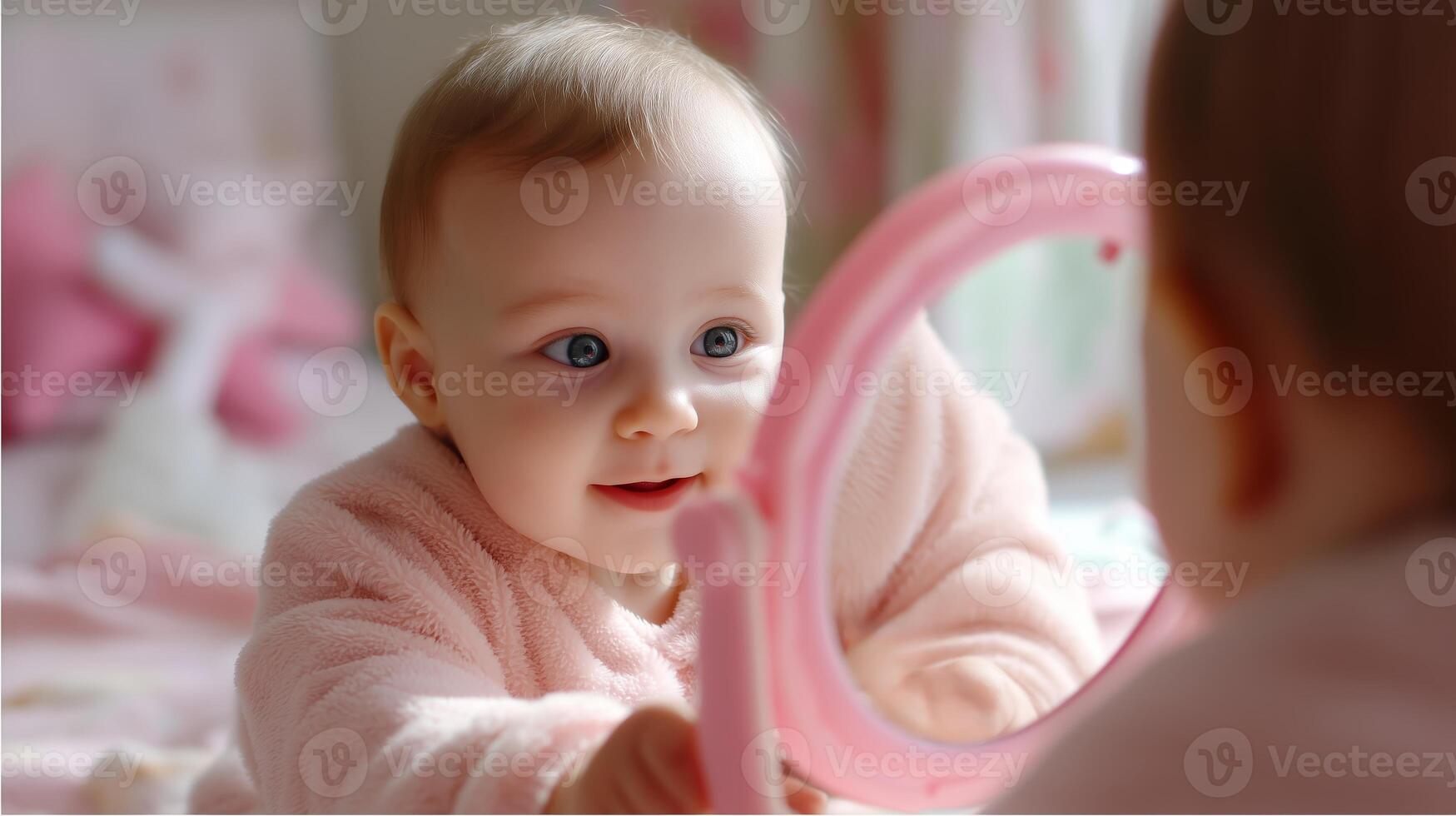 Baby smiles while looking at reflection in small mirror during playful moment indoors photo
