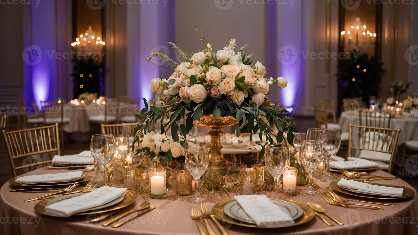 Elegant wedding reception table setting with floral centerpiece and candlelight in a grand venue photo