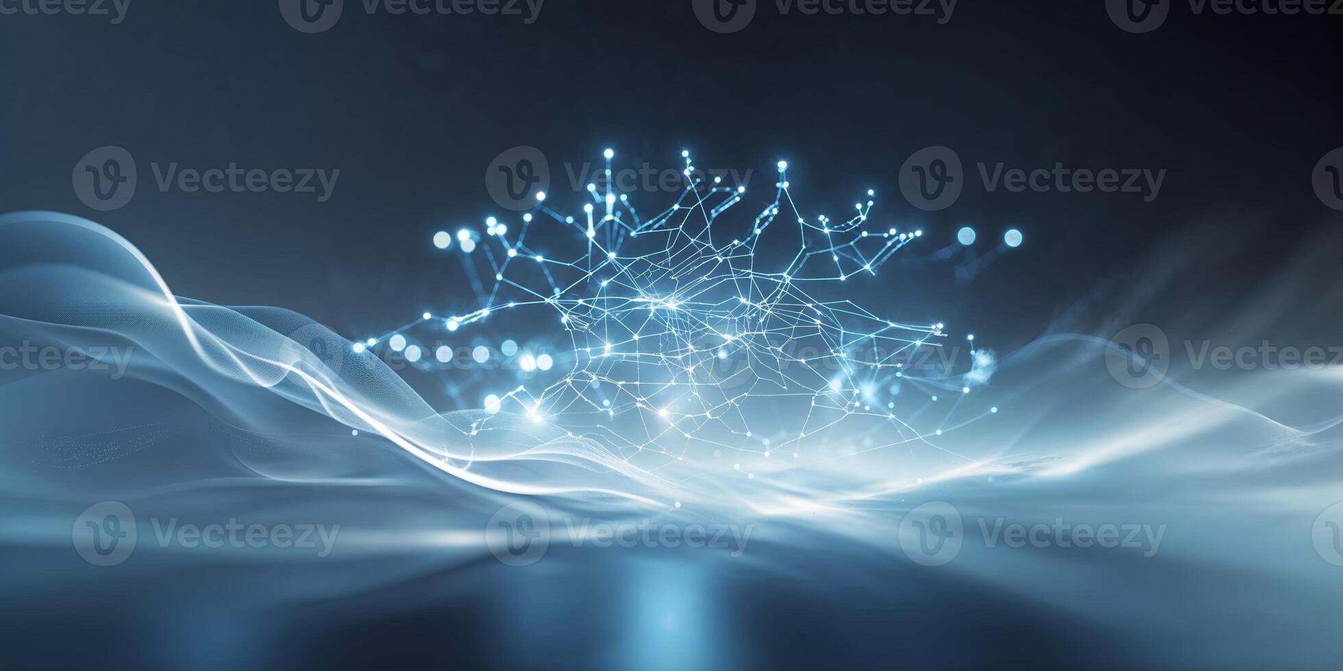 Abstract digital network with glowing connections and waves in dark background photo