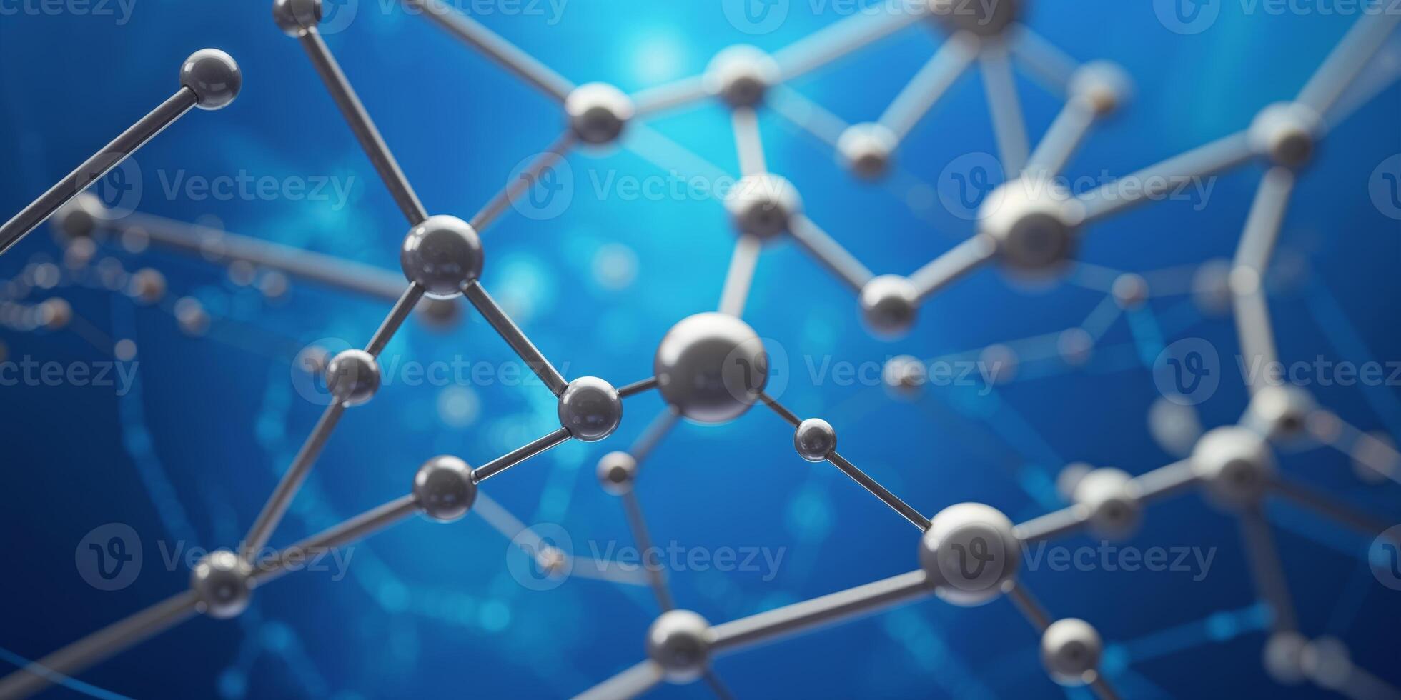 Complex molecular structure with interconnected atoms against a blue background in a scientific setting photo