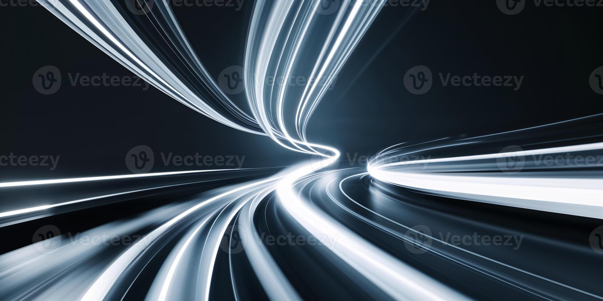 Bright light trails create an abstract pathway in a dark environment at night, suggesting speed and motion photo