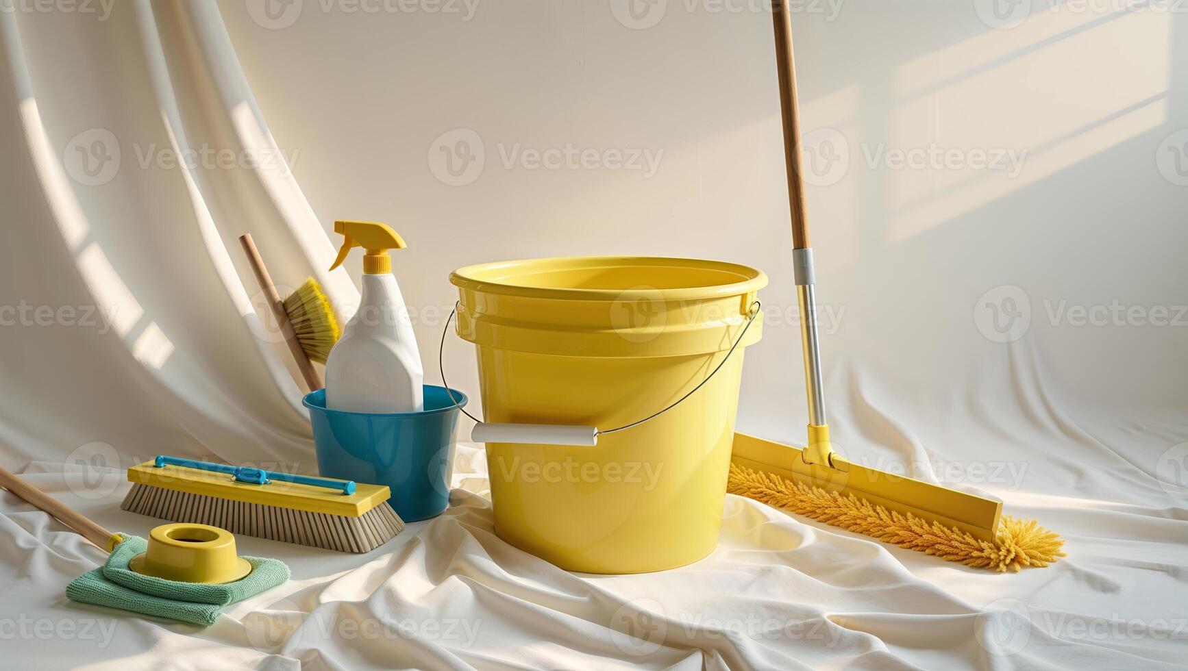 Cleaning tools arranged on a soft surface with natural light illuminating the scene in a cozy indoor setting photo