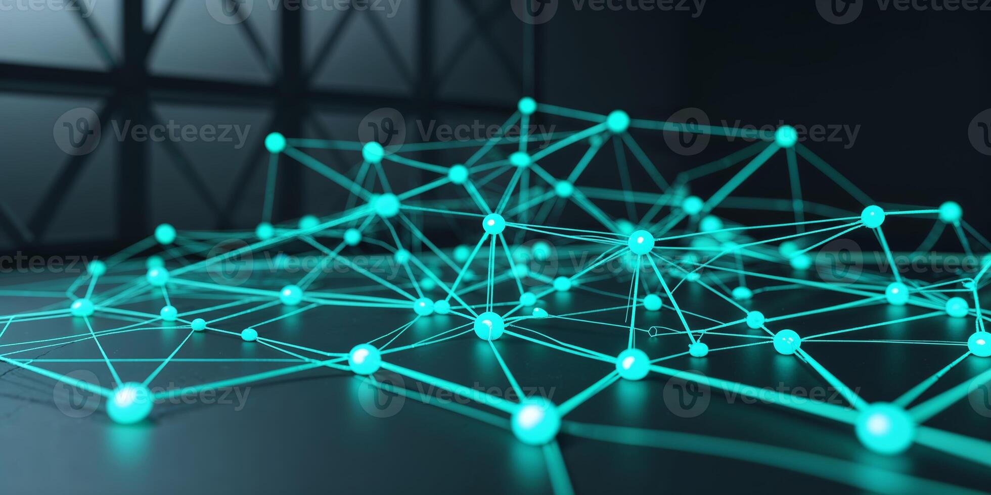 Exploring the connectivity of glowing network nodes in a futuristic tech environment at night photo