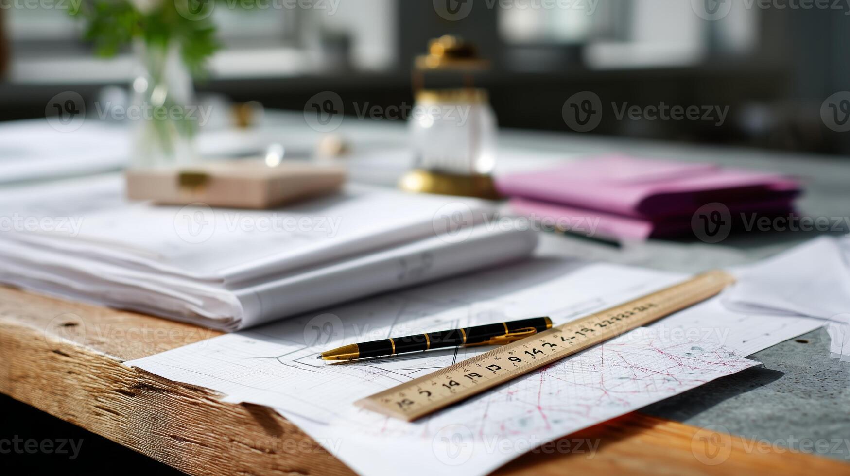 Creative workspace showing blueprints, stationery, and a plan for an architectural design project in a bright environment photo