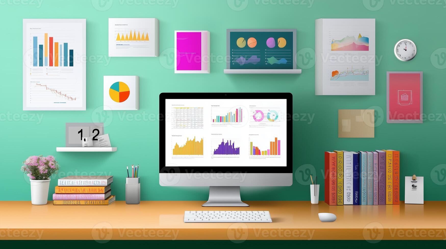 Workspace featuring a computer with data visualizations, charts, and organized books on a desk against a colorful wall photo