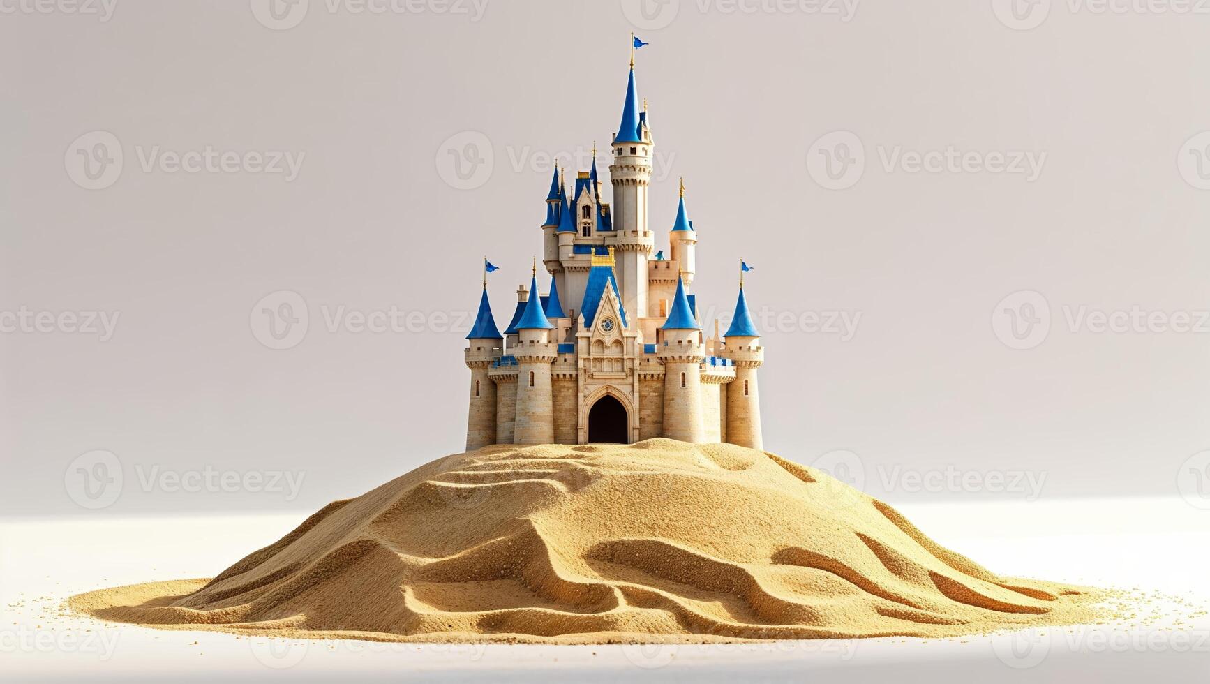 Miniature sand castle with blue towers and flags stands prominently on a sandy mound during bright daylight photo