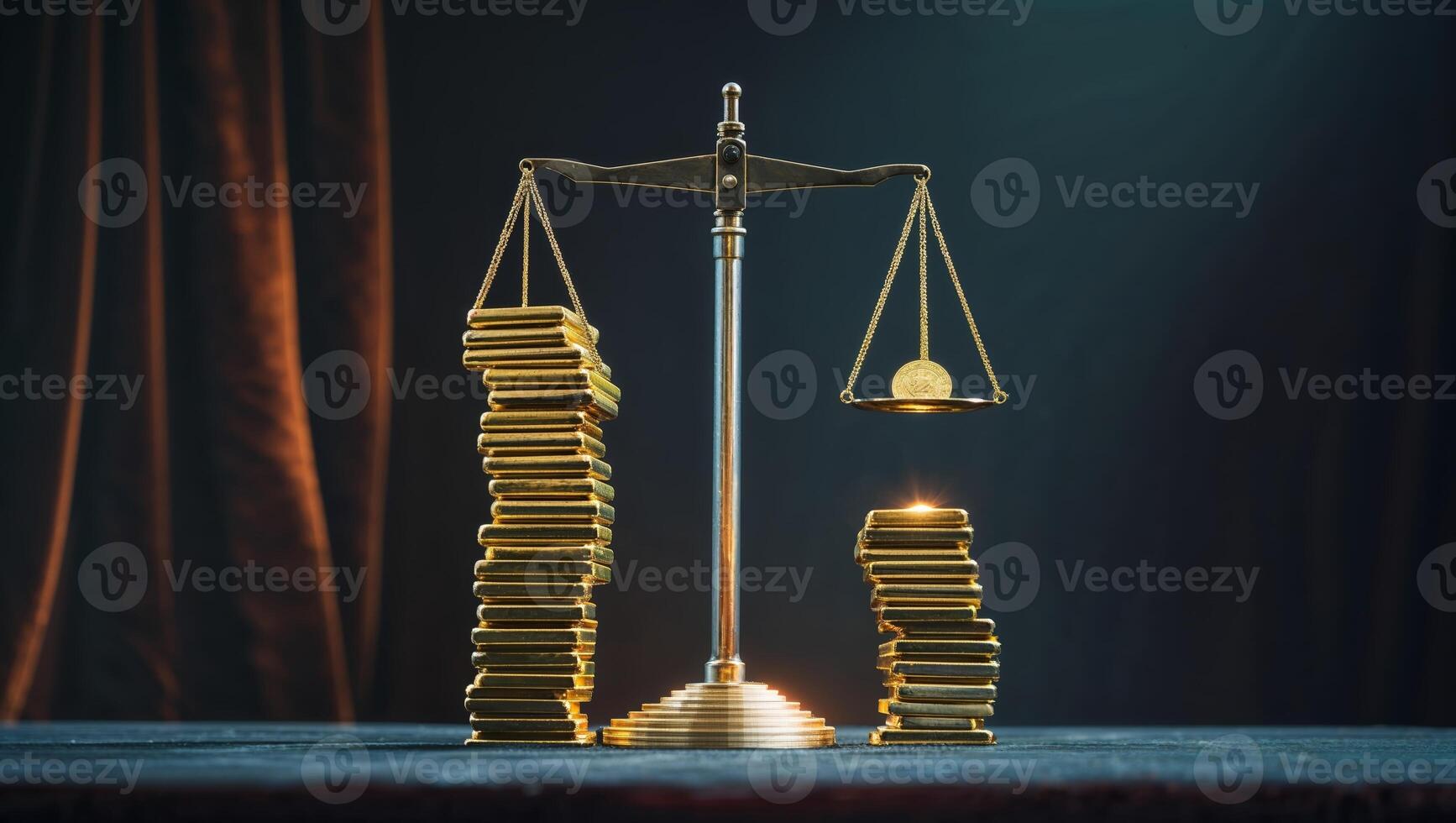 Balancing wealth, justice, and prosperity with scales and coins in a dimly lit setting photo
