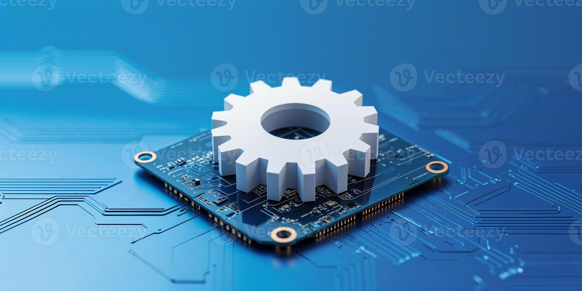 Modern technology design featuring a gear on a circuit board background demonstrating innovation and engineering principles photo