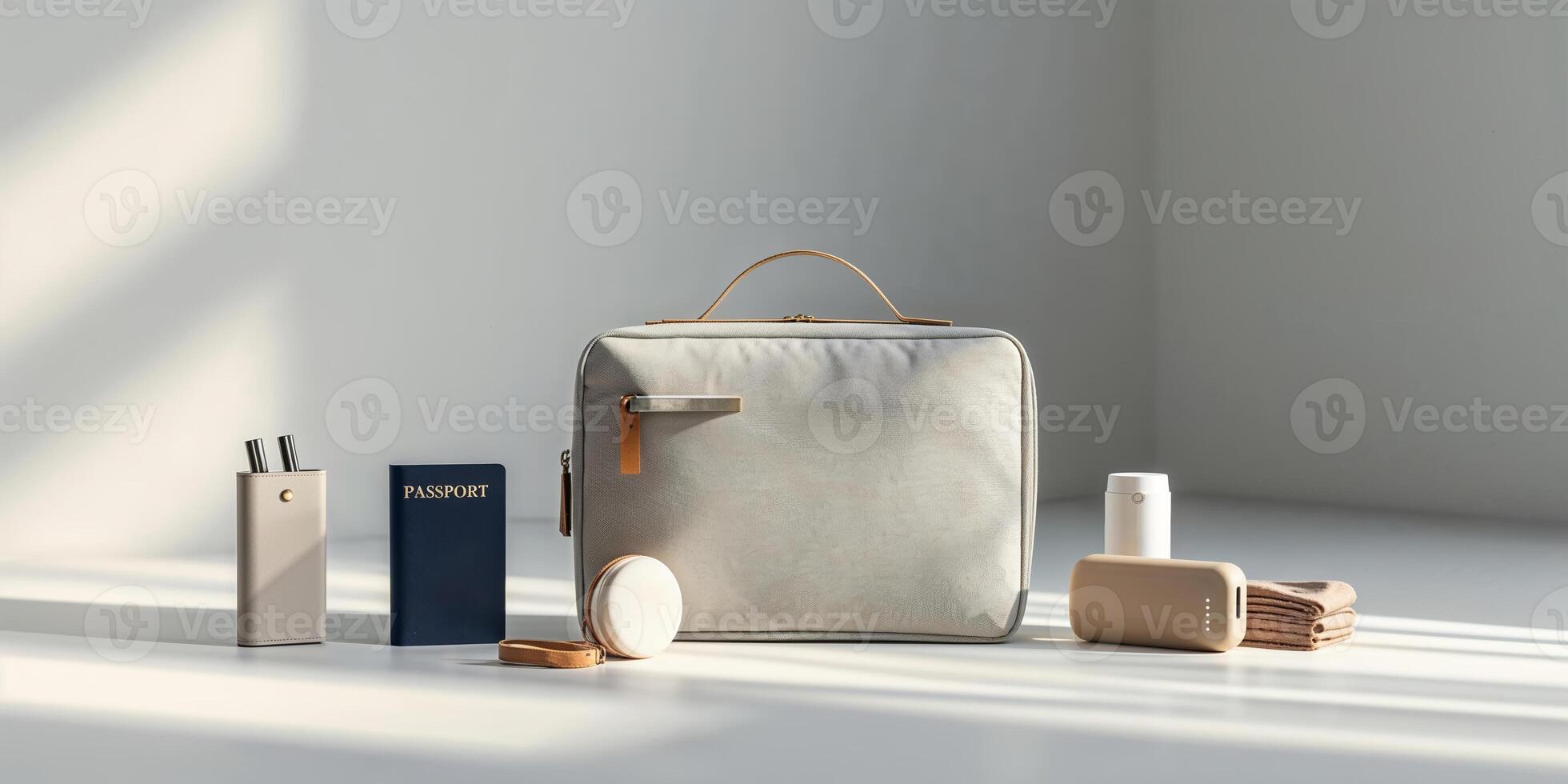 Travel essentials arranged on a clean surface with a focus on a passport and a stylish bag photo