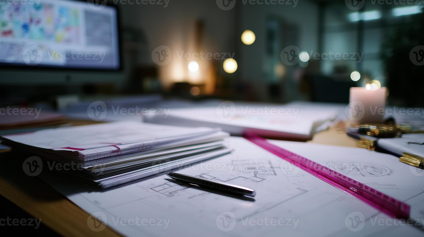 Design project workspace featuring sketches, tools, and ambient lighting in a modern office environment photo