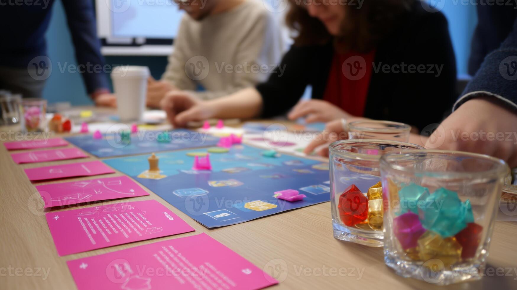Friends gather to enjoy a board game night at a cozy location with colorful game pieces and vibrant cards photo